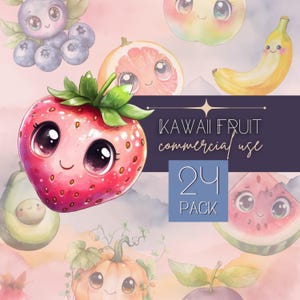 Clipart de frutas kawaii | Uso comercial, diário de scrapbooking de comida fofa em aquarela, morango, maçã, banana, abacate, PNGs transparentes | FOO24