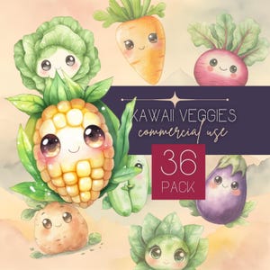 Kawaii Veggies Clipart / Uso commerciale, Acquerello Carino Cibo Scrapbooking Journal Casa Giardino Fai da te Etichettatura, PNG trasparenti / FOO24