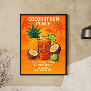 Kokosnuss-Rum-Punsch-Rezept-Druck - Tropische Tiki-Cocktail-Wandkunst, digitaler Download, Sommer-Bar-Dekor, Ananas- & Kokosnussgetränk Poster