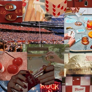 Collage de tablero de humor estético rojo cereza / Descarga digital / Cerezas, Coca-Cola, Noria, Corazones, Dados, Impresión de arte flotante de helado
