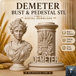 Könnte beinhalten: Eine digitale Download-Datei für eine Demeter-Büste und einen Sockel im STL-Format. Die Büste zeigt eine Figur mit Weizenkranz und drapiertem Gewand. Der zylindrische Sockel zeigt ein Relief aus Weizenähren und Früchten mit dem Schriftzug Demeter.