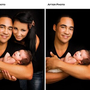 May include: A before and after photo of a family portrait. The first image shows a man, woman, and baby. The second image shows the man and baby. The background is black.