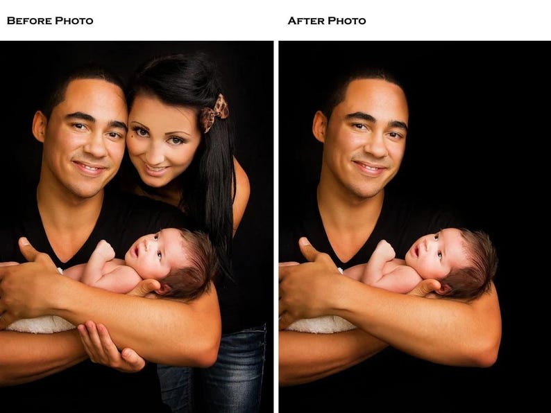 May include: A before and after photo of a family portrait. The first image shows a man, woman, and baby. The second image shows the man and baby. The background is black.