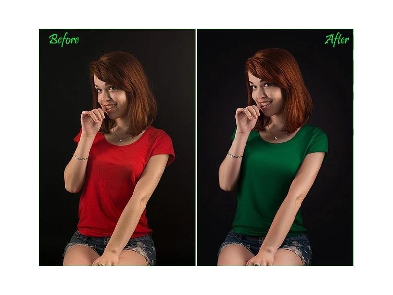 May include: A side-by-side image shows a woman wearing a red t-shirt on the left and a green t-shirt on the right. The text "Before" is above the red shirt, and "After" is above the green shirt. Both shirts have a round neckline.