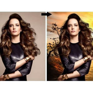 May include: A woman with long, wavy brown hair and a black leather top. She wears gold bracelets on both wrists. The background transitions from a neutral tone to a sunset scene with a tree silhouette.