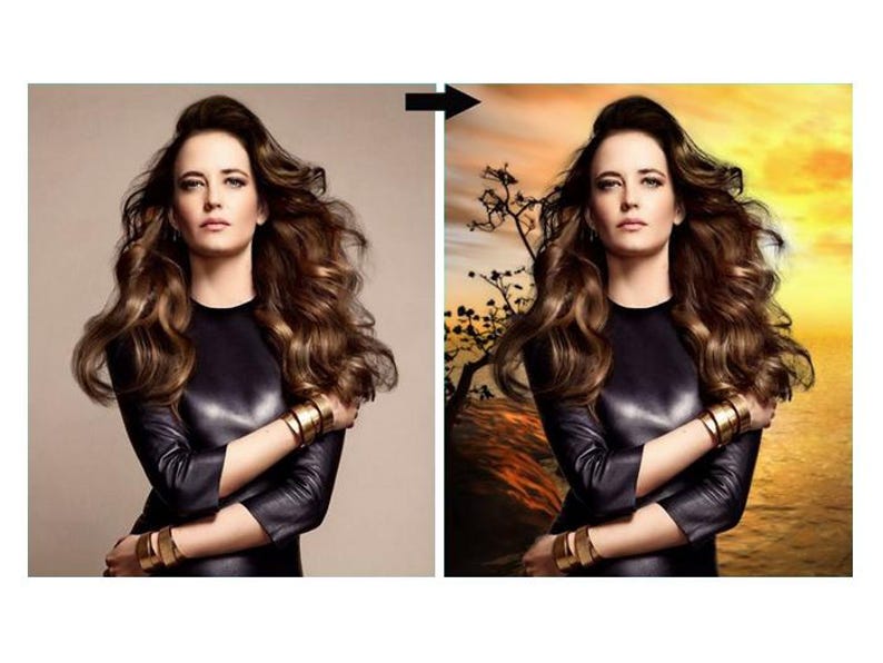 May include: A woman with long, wavy brown hair and a black leather top. She wears gold bracelets on both wrists. The background transitions from a neutral tone to a sunset scene with a tree silhouette.