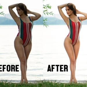 May include: A woman in a striped swimsuit stands near a body of water. The swimsuit features vertical stripes in red, white, and green. The words "BEFORE" and "AFTER" are displayed in black text.
