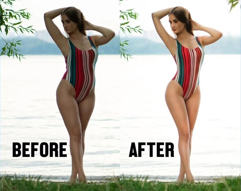 May include: A woman in a striped swimsuit stands near a body of water. The swimsuit features vertical stripes in red, white, and green. The words "BEFORE" and "AFTER" are displayed in black text.