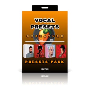 Puede incluir: Un paquete de producto con fondo naranja. Se muestra el texto "VOCAL PRESETS SIGNATURE" y "PRESETS-PACK". El paquete incluye imágenes de cuatro personas diferentes. También incluye el texto "MAC/WIN".