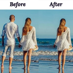 May include: Image comparison with the text "Before" and "After" at the top. The "Before" image shows a couple walking on a beach. The "After" image shows the woman from the "Before" image. The woman is wearing a white dress and holding flowers.
