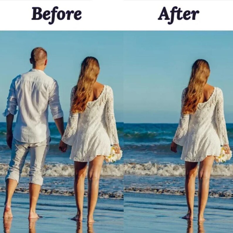 May include: Image comparison with the text "Before" and "After" at the top. The "Before" image shows a couple walking on a beach. The "After" image shows the woman from the "Before" image. The woman is wearing a white dress and holding flowers.