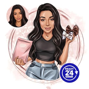 Puede incluir: Una ilustración digital de una persona con cabello largo y oscuro que viste un top corto negro y pantalones cortos de mezclilla azul claro. La persona sostiene una bolsa rosa y dos lazos para el cabello, uno marrón y otro plateado. Una insignia azul dice READY IN 24 hours.