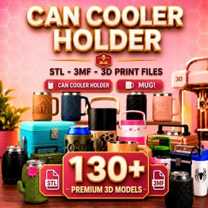 Puede incluir: Una colección de más de 130 archivos 3D imprimibles en formato STL y 3MF para soportes de latas y tazas. La imagen muestra varios diseños, incluyendo un cactus, un barril, un patrón de panal y líneas topográficas, junto al texto CAN COOLER HOLDER.
