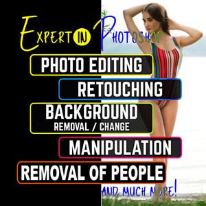 May include: Image showcasing photo editing services. Text includes "Expert in Photoshop," and lists services: photo editing, retouching, background removal, manipulation, and removal of people. A woman in a striped swimsuit is in the background.