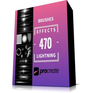 May include: A software package for Procreate, featuring a gradient of pink and purple. The box displays the words "BRUSHES", "EFFECTS", "470", and "LIGHTNING". The Procreate logo is at the bottom.