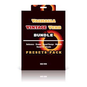 May include: A black product package with the text "VALHALLA VINTAGE VERB BUNDLE" in orange and red. The package includes "PRESETS-PACK" and lists sound design elements. The package is designed for MAC/WIN.