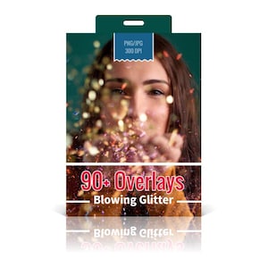 Puede incluir: Un paquete de producto con una mujer soplando purpurina. El paquete incluye el texto "90+ Overlays Blowing Glitter" en rojo y blanco. La parte superior del paquete tiene un pequeño rectángulo con "PNG/JPG 300 DPI".