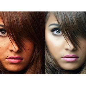 May include: Split image of a person's face, showing a before-and-after comparison. The left side displays skin with imperfections, while the right side shows a flawless complexion. Both sides feature brown hair and pink lipstick.