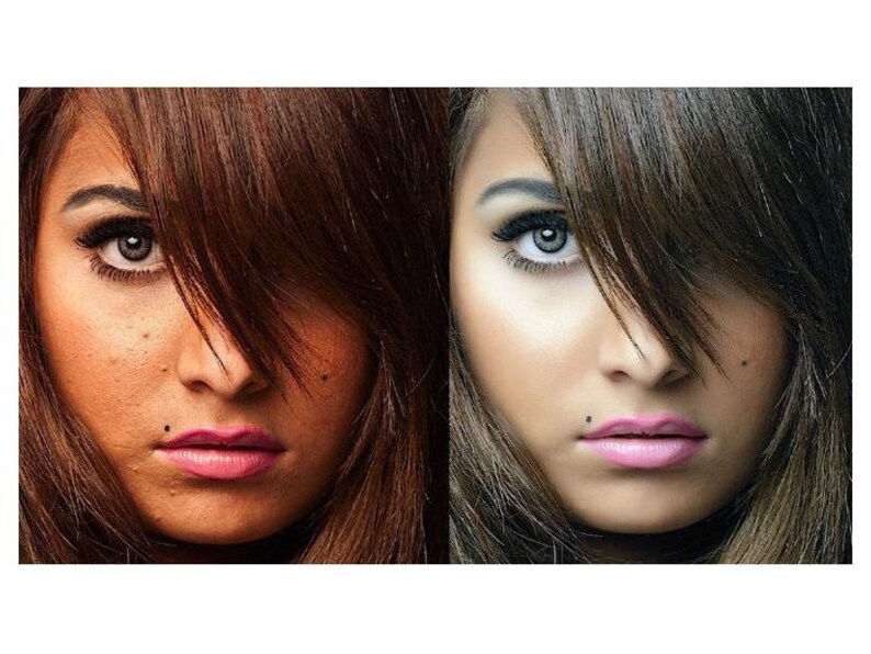 May include: Split image of a person's face, showing a before-and-after comparison. The left side displays skin with imperfections, while the right side shows a flawless complexion. Both sides feature brown hair and pink lipstick.
