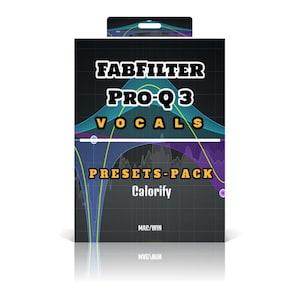 Puede incluir: Un paquete de producto con el texto "FABFILTER PRO-Q 3 VOCALS PRESETS-PACK Calorify" en blanco y amarillo. El fondo presenta un diseño de onda de sonido azul y morado. El paquete está etiquetado como "MAC/WIN".