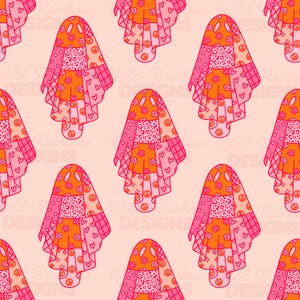 May include: A repeating pattern of patchwork ghost figures in shades of pink and orange. Each ghost features a unique design with hearts, flowers, peace signs, and leopard print. The background is a soft, light pink.