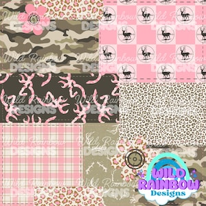 May include: A patchwork design with diverse patterns: camouflage, pink plaid, and leopard print. Deer silhouettes within crosshairs and floral accents are included. The text "Wild Rainbow Designs" is displayed across the image.