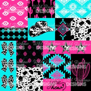 May include: A digital collage featuring a variety of patterns and designs, including a cowboy hat, stars, cacti, and geometric shapes. The colors are pink, black, white, and turquoise.