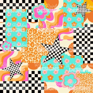 May include: A patchwork design with diverse patterns and shapes. It features checkerboard stars, flowers, and leopard print in orange, pink, turquoise, and cream. The text "Wild Rainbow Designs" is visible across the design.
