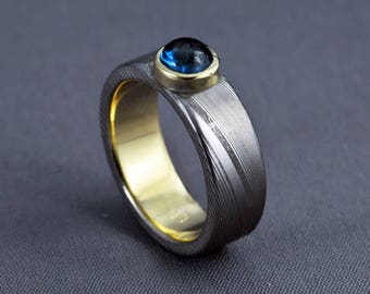 Damascus steel engagement ring, blue saphire ring, yellow 750 gold promise ring, minimal unique ring