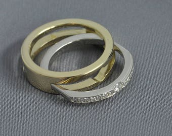 White gold, yellow gold diamond wedding ring set, white gold engagement ring slides into the wedding ring, titanium yellow gold men's ring