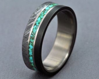 Meteorite Ring! Black Zirconium wedding ring, engagement ring, Gibeon meteorite band, Titanium wedding band, Turquoise inlay