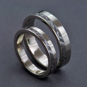 Meteorite Pair White gold wedding ring set, engagement ring, Gibeon meteorite bands, Gold wedding bands