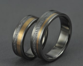 Meteorite Pair! Yellow gold wedding ring set, engagement ring, Gibeon meteorite bands, Titanium wedding bands