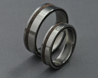 wedding ring set - Titanium and White Gold 585 ,  with stabilized Palisander and Diamond- engagement ring