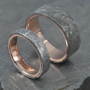 Meteorite Pair Rose gold wedding ring set, engagement ring, gibeon meteorite, diamond,