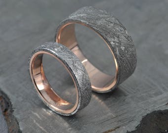 Meteorite Rose Gold Wedding Ring Set, Diamond Engagement Ring
