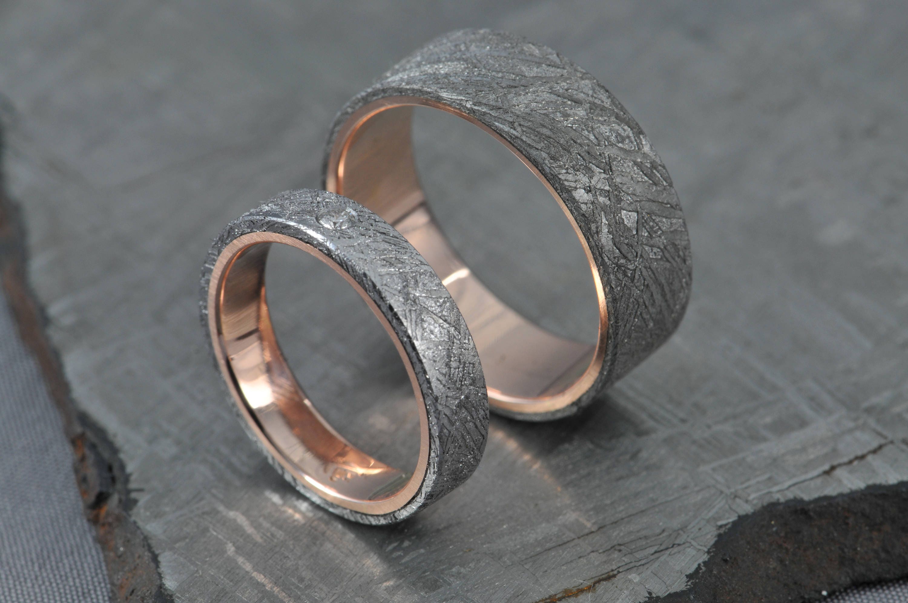 Couples Meteorite Wedding Bands- His Hers Wedding Ring Set- Promise Rings- Rose Gold Matching Wedding Rings- Romeo & Juliet