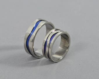 Anodized titanium, white gold wedding band set, Engagement ring, inverse design ring, designer ring