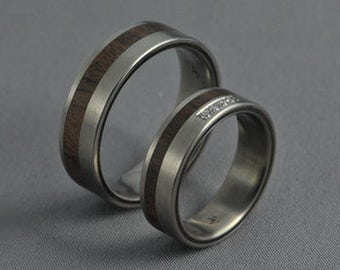 Titanium Wedding Ring Set, Honduras Rosewood Inlay, Diamond Engagement Ring
