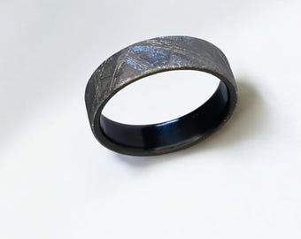 Meteorite, zirconium wedding ring, engagement ring, Gibeon meteorite ring
