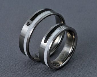 Titanium Wedding Ring Set, Ebony and Ceramic Inlay, Diamond Ring