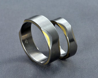 Titanium, Yellow gold wedding ring set, designer unique wedding ring, engagement ring, satin finished minimal ring