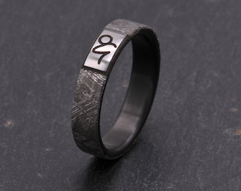 Zodiac Meteorite Ring, Black zirconium wedding ring, engagement ring, Gibeon meteorite ring