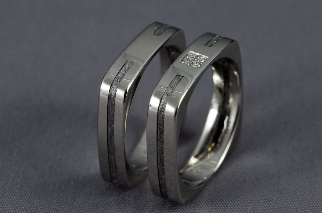Meteorite Pair White Gold Wedding Ring Set Engagement Ring - Etsy