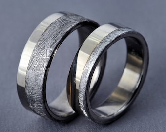 Gibeon Meteorite Wedding Ring Set | Handmade White Gold & Titanium Wedding Bands | Matching His and Hers Rings
