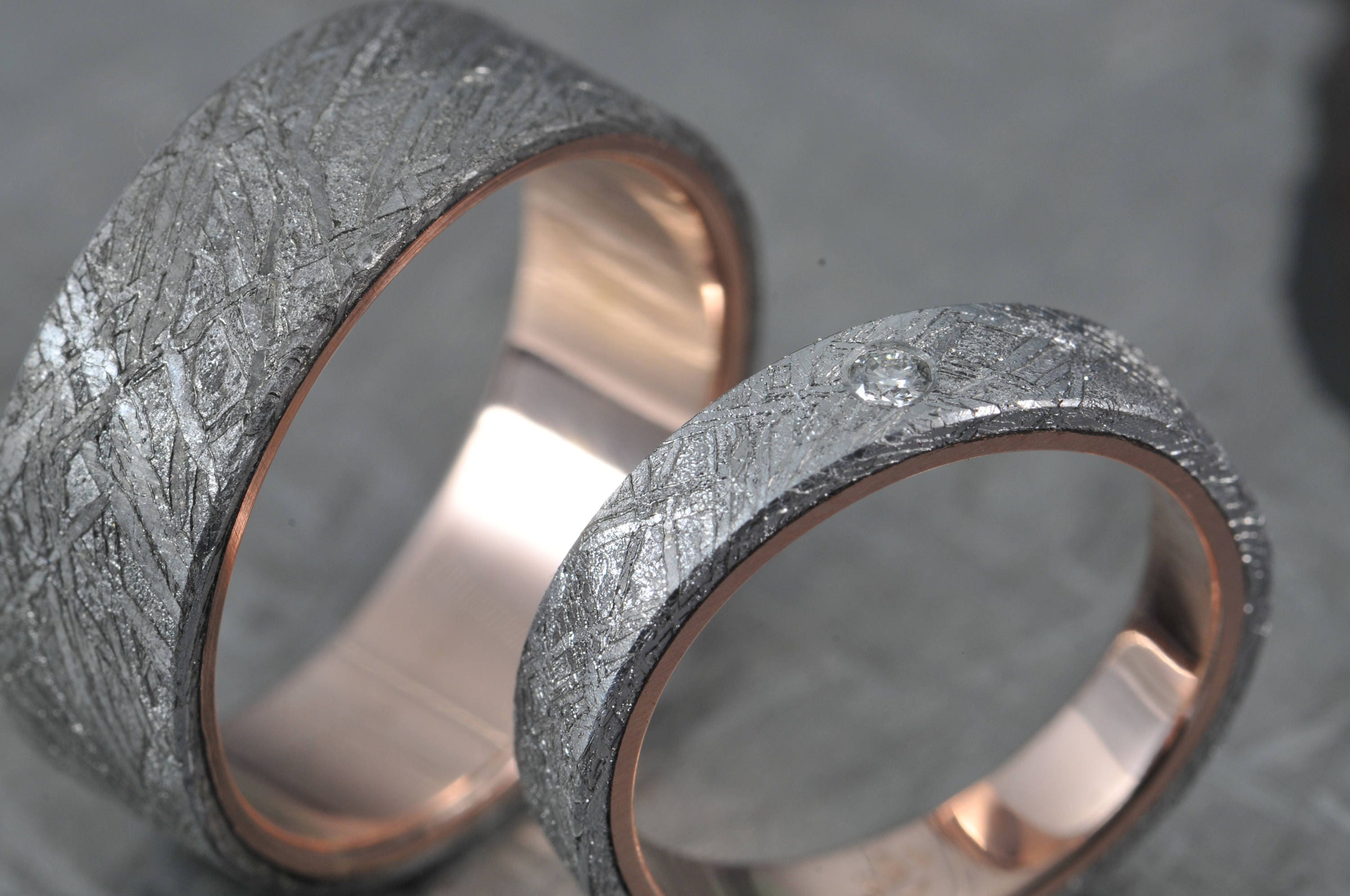 Couples Meteorite Wedding Bands- His Hers Wedding Ring Set- Promise Rings- Rose Gold Matching Wedding Rings- Romeo & Juliet