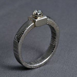 Damascus steel engagement ring, diamond ring, white gold promise ring image 2