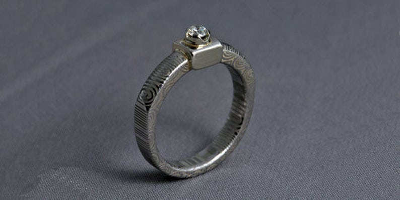 Damascus steel engagement ring, diamond ring, white gold promise ring image 2