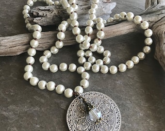 SERENITY - Long Necklace -  Glass Pearl Necklace, Handmade Necklace, Artisan Necklace, Boho Jewelry, Boho Necklace