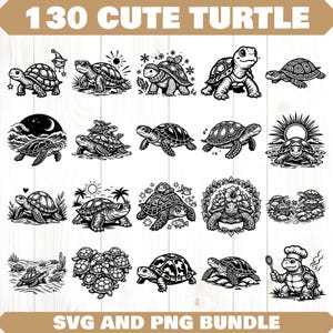 Peut inclure: Une collection numérique de 130 illustrations en noir et blanc au trait représentant diverses tortues dans des décors variés, avec des chapeaux, des lunettes et des couronnes de fleurs, portant le texte 130 CUTE TURTLE SVG AND PNG BUNDLE.